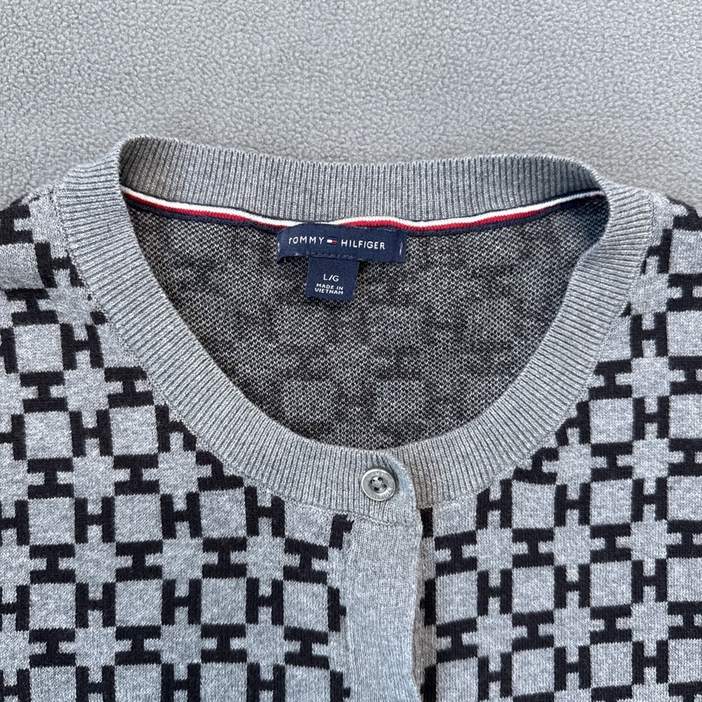 Tommy Hilfiger Cardigan Womens Large Gray Logo 100% Cotton Long Sleeve Fitted - Picture 3 of 12